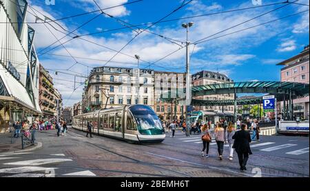 Place de l'Homme de Fer with grand glass rotunda, Strasbourg's major transport hub where several tram lines intersect, Strasbourg, Alsace, region Gran Stock Photo