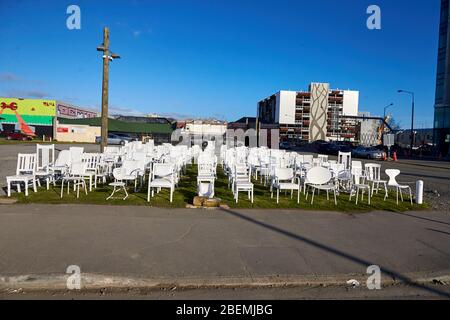 Christchurch, New Zealand - Jun 10, 2017: 185 empty chairs is an unofficial earthquake memorial for the185 individuals who died in the 2011 disaster. Stock Photo