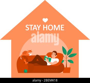 A young man on a sofa reads a book at home during quarantine. A cat is sleeping nearby. A cozy and safe place. Text calling to stay home. Vector illus Stock Vector