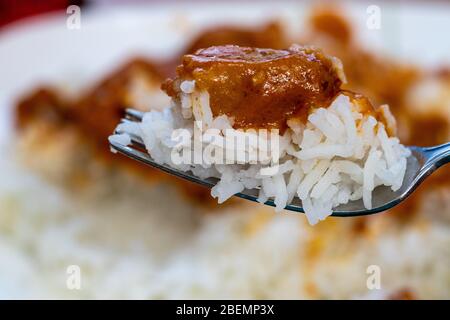 A piece of simulated (vegetarian) chicken in a butter chicken dish sits on a scoop of white basmati rice on a fork. Stock Photo
