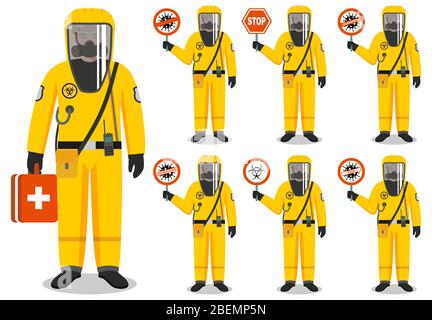 Medical concept. Illustration of standing doctor holds warning coronavirus sign. Man in protective suit and mask. Dangerous profession. Virus Stock Vector