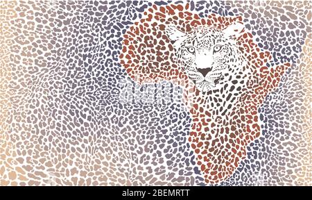 Pattern seampless leopard fur and face with map of Africa Stock Vector