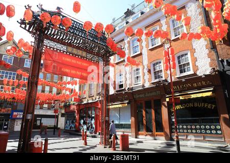 Deserted Gerrard Street in Chinatown during the coronavirus pandemic lockdown, in central London, UK Stock Photo