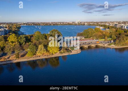 aerial view of Lombardbridge between inner and outer alster lake in Hamburg Stock Photo