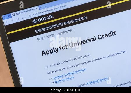 14 April 2020. There has been a large increase in the number of people applying for Universal Credit in the last couple of weeks due to loss of income during the coronavirus covid-19 pandemic. Stock Photo