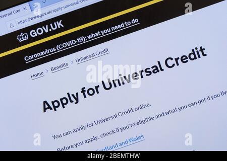 14 April 2020. There has been a large increase in the number of people applying for Universal Credit in the last couple of weeks due to loss of income during the coronavirus covid-19 pandemic. Stock Photo