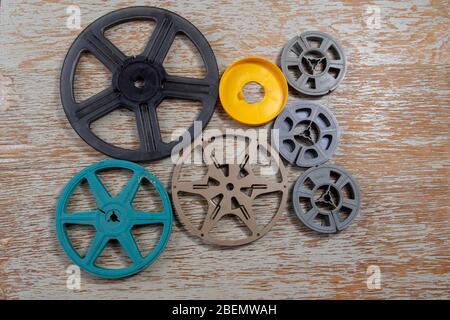 Various sized 8mm film or 1/4" audio tape spools Stock Photo