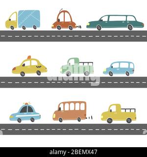 Set of cartoon cute kids and toy style cars and other transport, truck, taxi, police car, bus. Isolated vector illustration. Stock Vector