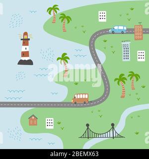 Cartoon cute kids map with car, road, city landscape elements. Cars, building, road of hand drawn, children toy style. Vector illustration. Stock Vector