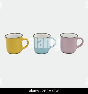 Yellow, Blue, Rose, Pastel Coffee Cup Detailed Close Up View Stock Photo