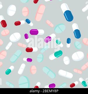 Colorful pills seamless pattern. Medicine background, abstract capsules and medical tablets flatlay vector illustration. Stock Vector