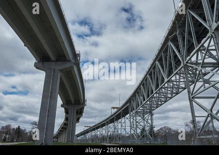 Blue Water Bridge connecting Port Huron, Michigan USA with Sarnia / Point Edward Ontario Canada Stock Photo