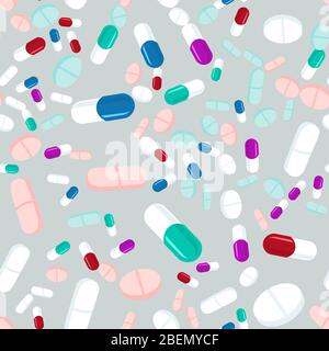 Colorful pills seamless pattern. Medicine background, abstract capsules and medical tablets flatlay vector illustration. Stock Vector