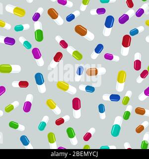 Colorful pills seamless pattern. Medicine background, abstract capsules flatlay vector illustration. Stock Vector
