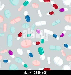Colorful pills seamless pattern. Medicine background, abstract capsules and medical tablets flatlay vector illustration. Stock Vector