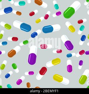Colorful pills seamless pattern. Medicine background, abstract capsules flatlay vector illustration. Stock Vector
