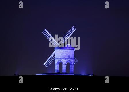 Chesterton, Warwickshire, UK. 14th April 2020. Chesterton Windmill is illuminated blue in support of NHS staff and other key workers during the coronavirus pandemic lockdown. Credit Darren Staples/Alamy Live News. Stock Photo