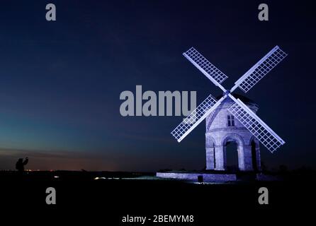 Chesterton, Warwickshire, UK. 14th April 2020.Chesterton Windmill is illuminated blue in support of NHS staff and other key workers during the coronavirus pandemic lockdown. Credit Darren Staples/Alamy Live News. Stock Photo