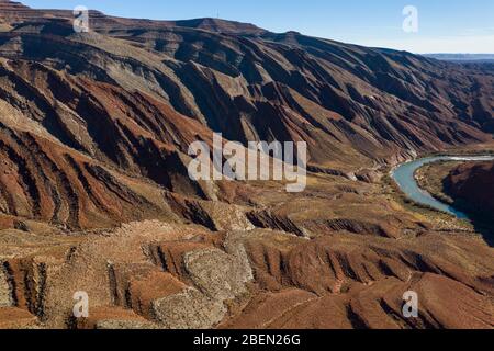 The Raplee Anticline, unique Geology aerial in southern Utah at dusk Stock Photo