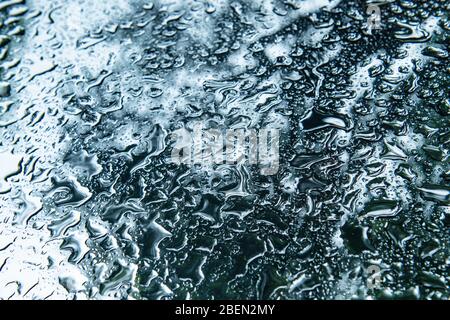 Raindrops Pooling on a Windshield in Forest Scene Stock Photo