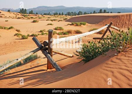 Wooden fence in Coral Pink Sand Dunes State Park, Utah Stock Photo