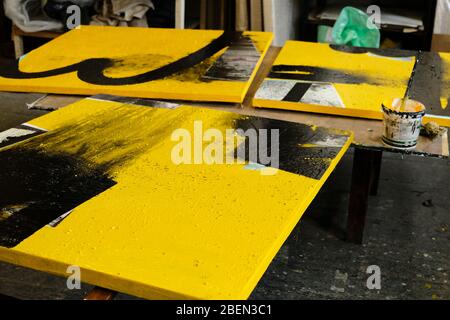 Artist's painting process . working in studio Stock Photo