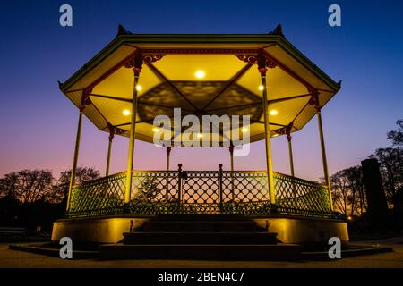 Victorian Bandstand in the Royal Pump Rooms Gardens, Royal Leamington Spa, one month after its 2019 refurbishment, completed in March 2020. Stock Photo