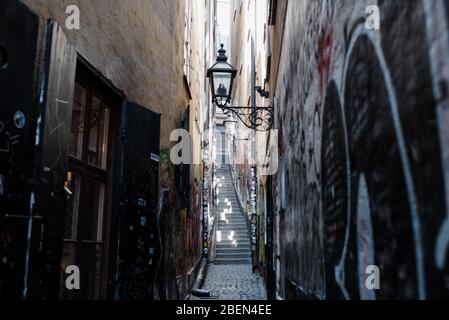 famous graffiti alley in Gamla Stan, Stockholm Stock Photo