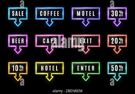 Glowing neon arrow sign set on black background. Motel cafe beer sale enter exit coffee light bulbs pointer. Sale direction symbol. Discount signboard Stock Vector