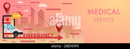 Concept 24 hours medical service vector illustration. Emergency ambulance run on red arrow through smartphone with city background. Stock Vector
