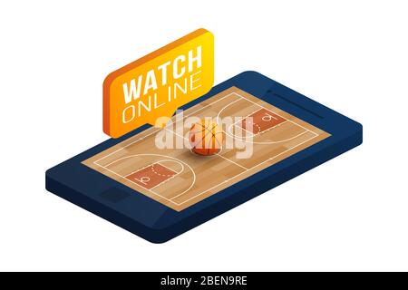 Basketball online concept vector flat isometric illustration. Online basket flat isometric vector concept. Stock Vector
