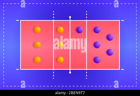 Volleyball court with a tactical scheme of the arrangement of players of two teams on the playground, plan of a game diagram for a fantasy league coac Stock Vector