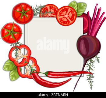 Collection of fresh red color vegetables and fruits raw on white background Stock Vector