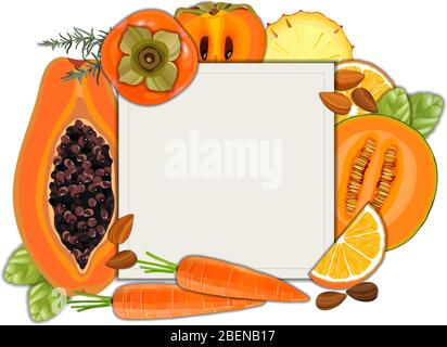 Collection of fresh orange color vegetables and fruits raw on white background Stock Vector