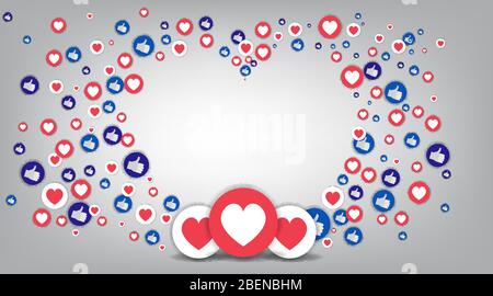 Like abstract background,  preview template, 3d with likes  hearts, happy live, social media concept with media icons , creative design, cute cartoon Stock Vector
