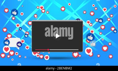 Video screen play button, Streaming preview template, 3d with likes and hearts, happy live, social media concept with media icons, chat box and , crea Stock Vector