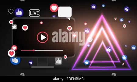 Video screen play button, Streaming preview template, 3d with likes and hearts, happy live, social media concept with media icons, chat box and , crea Stock Vector