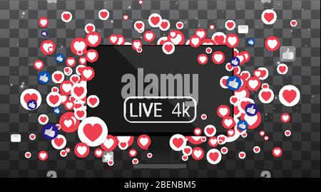Video screen play button, Streaming preview template, 3d with likes and hearts, happy live, social media concept with media icons, chat box and , crea Stock Vector