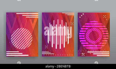 Chaos abstract geometric covers design. Cool halftone shiny gradients templates set. Fluid shapes poster composition. Retro futuristic creative 90s an Stock Vector