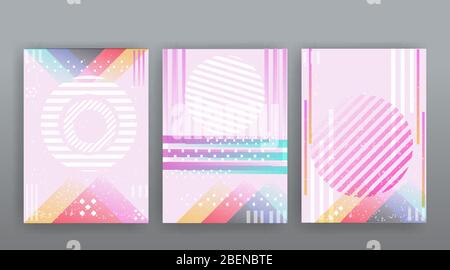Chaos abstract geometric covers design. Cool halftone shiny gradients templates set. Fluid shapes poster composition. Retro futuristic creative 90s an Stock Vector