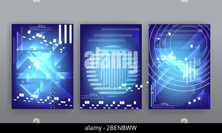 Chaos abstract geometric covers design. Cool halftone shiny gradients templates set. Fluid shapes poster composition. Retro futuristic creative 90s an Stock Vector