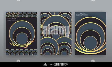 Chaos abstract geometric covers design. Cool halftone shiny gradients templates set. Fluid shapes poster composition. Retro futuristic creative 90s an Stock Vector