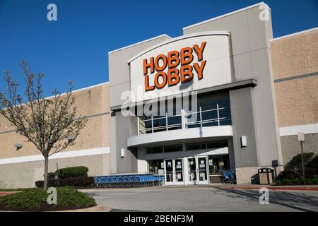 A logo sign outside of a Hobby Lobby retail store location in Columbia, Maryland on April 6, 2020. Stock Photo