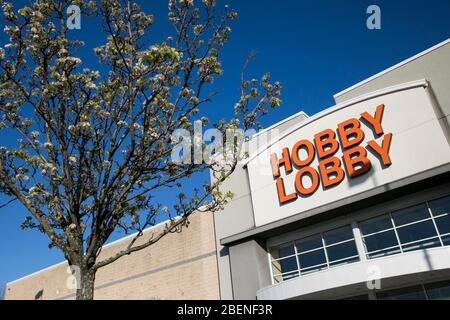 A logo sign outside of a Hobby Lobby retail store location in Columbia, Maryland on April 6, 2020. Stock Photo