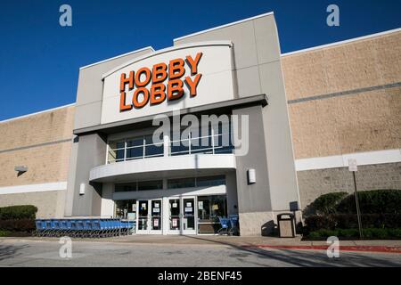 A logo sign outside of a Hobby Lobby retail store location in Columbia, Maryland on April 6, 2020. Stock Photo