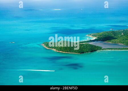Aerial view of Fort Barrington National Park on the Caribbean island of Antigua on a sunny day.  View includes Deep Bay Beach and Yepton Beach. Stock Photo
