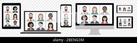 Multi Ethnic Business team hangout and have remote video meeting online on computer laptop cellphone and tablet zoom screen distant conference concept Stock Vector