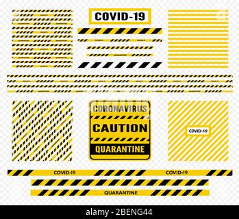 Yellow and black danger tape and sign caution stripe for covid-19 Coronavirus background quarantine warning striped ribbon Stock Vector