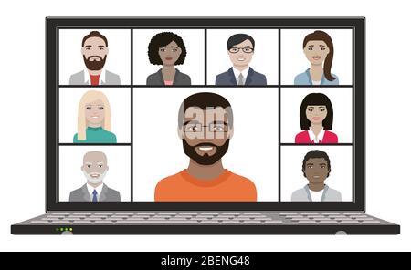 Business team with faces hangout and have remote video meeting online on laptop screen distant conference concept Stock Vector