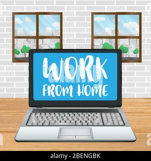 laptop work from home scene with house wall Stock Vector